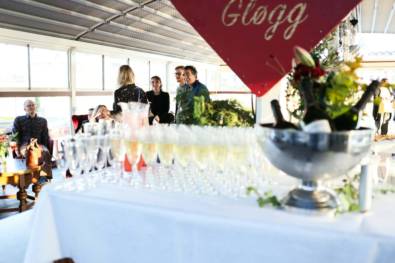 Champagne glasses lined up for a reception