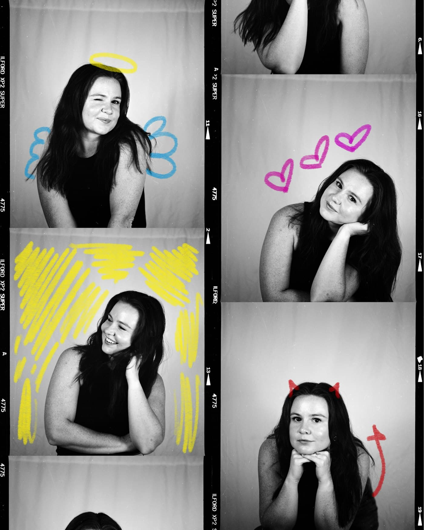 Black-and-white photo booth strip of a guest posing, with hand-drawn doodles